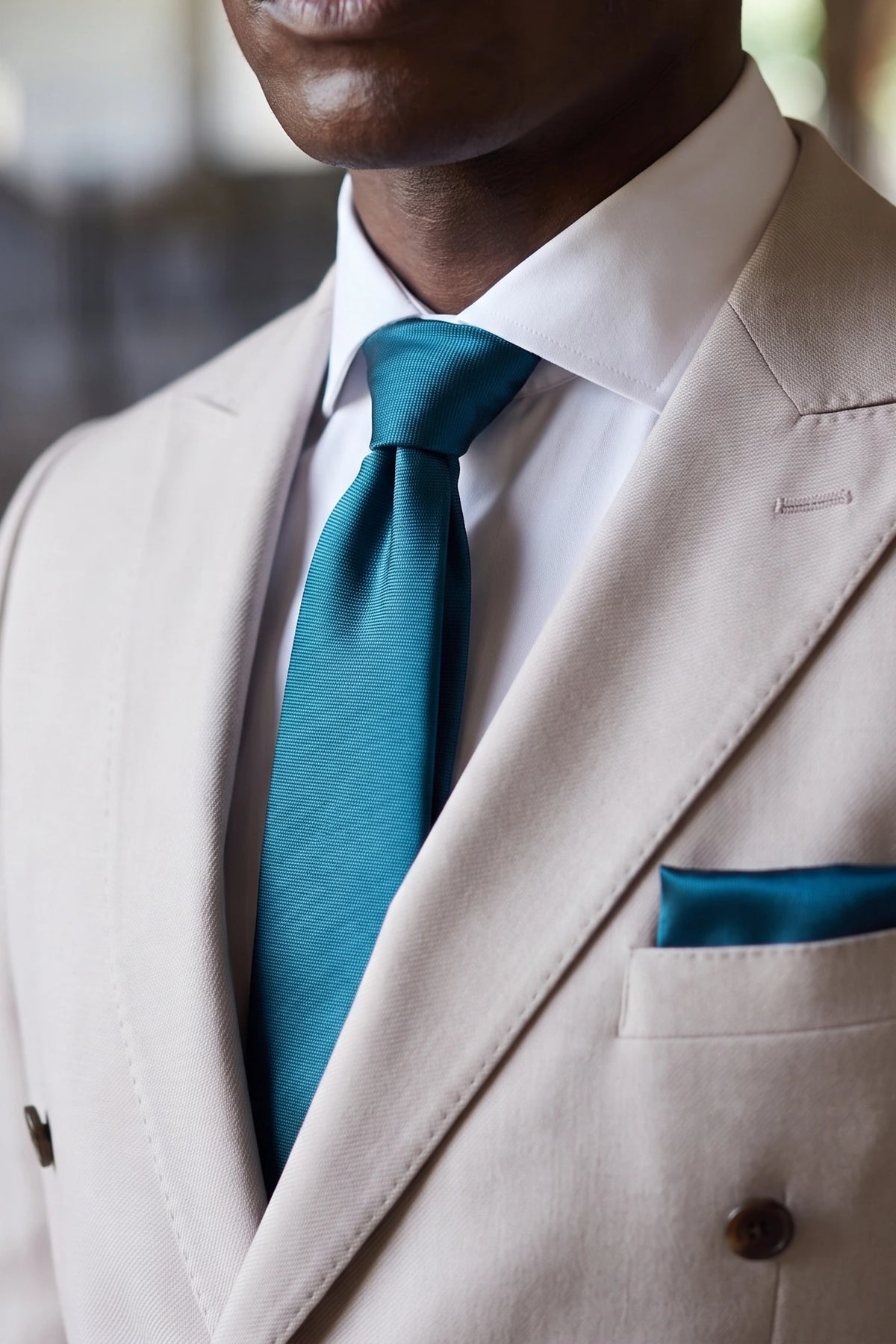 Conjunto masculino azul-petróleo com gravata, lenço de bolso e abotoaduras.