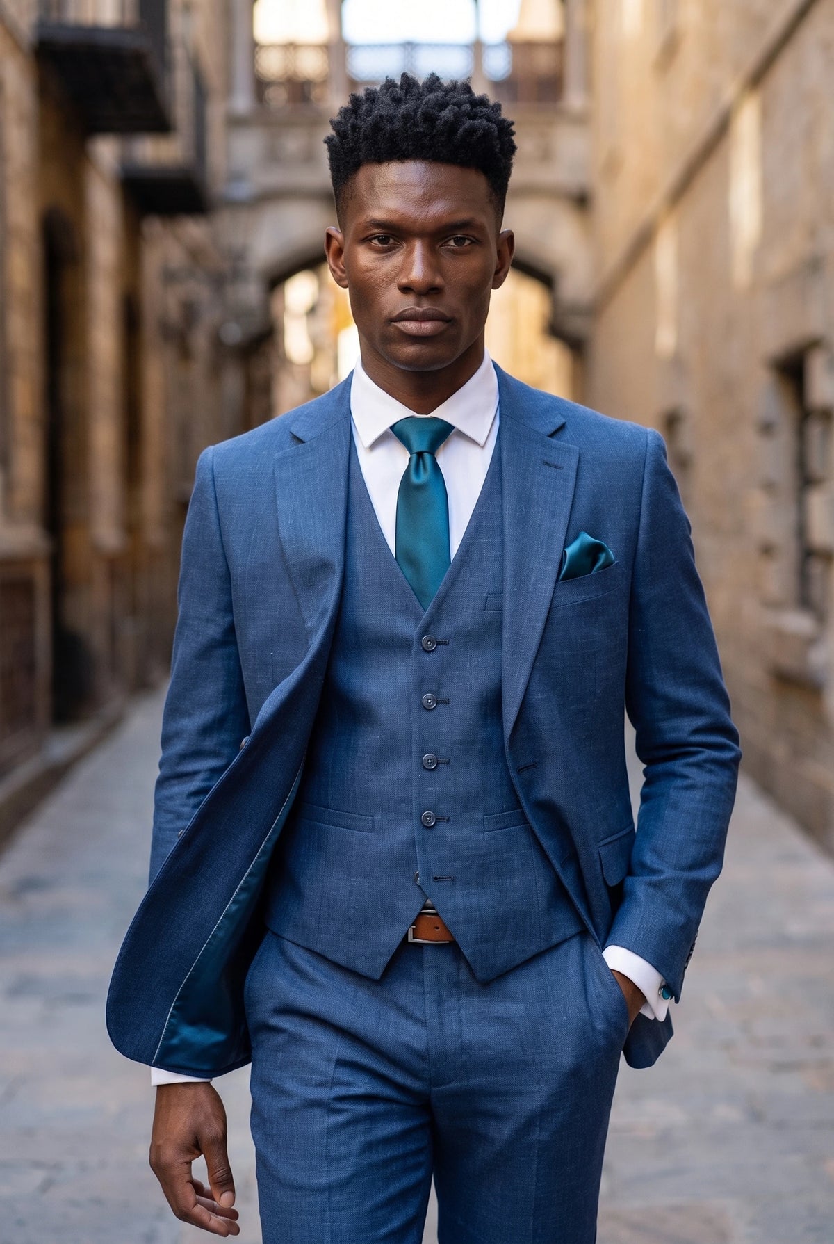 Conjunto masculino azul-petróleo com gravata, lenço de bolso e abotoaduras.