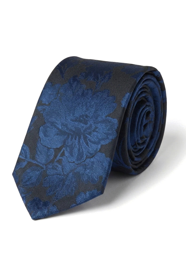Conjunto de gravata e lenço de bolso masculino formal com estampa floral - Azul-marinho