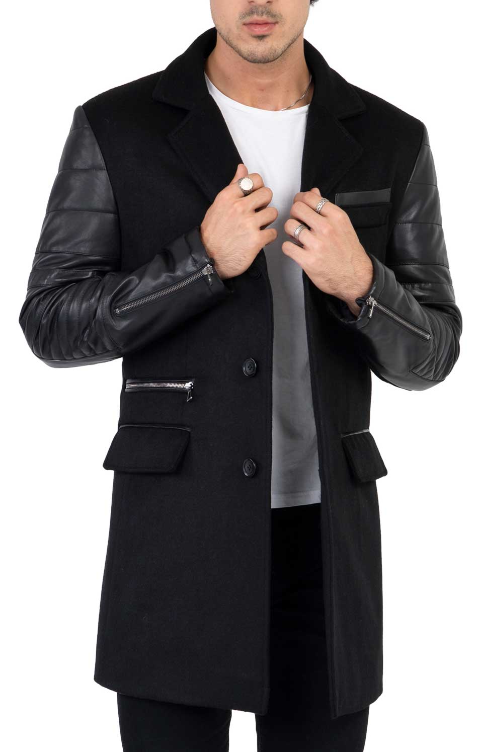 Sobretudo masculino em tweed, cashmere e lã com mangas em couro legítimo, preto - B213