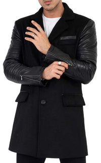 Sobretudo masculino em tweed, cashmere e lã com mangas em couro legítimo, preto - B213
