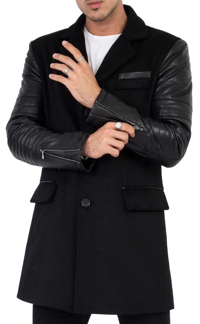 Sobretudo masculino em tweed, cashmere e lã com mangas em couro legítimo, preto - B213