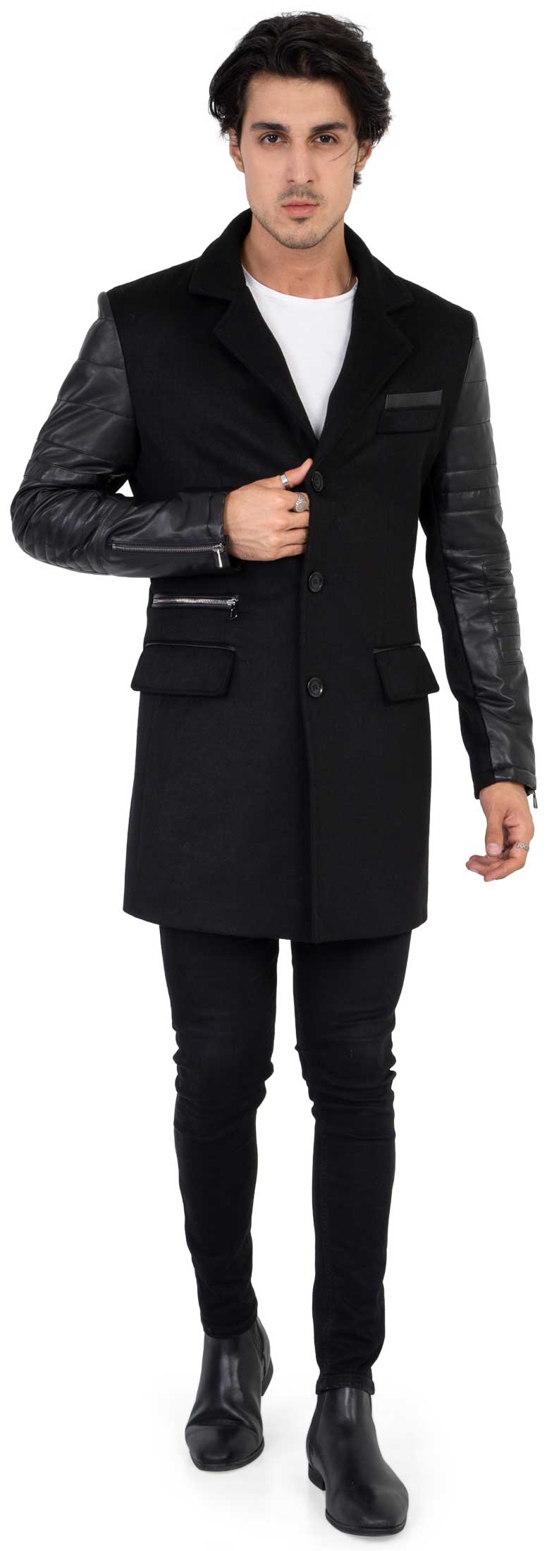 Sobretudo masculino em tweed, cashmere e lã com mangas em couro legítimo, preto - B213