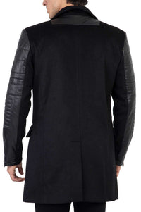 Sobretudo masculino em tweed, cashmere e lã com mangas em couro legítimo, preto - B213