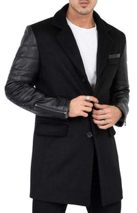 Sobretudo masculino em tweed, cashmere e lã com mangas em couro legítimo, preto - B213