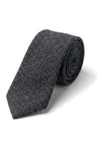 Gravata e lenço de bolso masculinos em tweed cor carvão, estilo clássico britânico, em lã espinha de peixe.