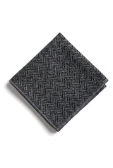 Gravata e lenço de bolso masculinos em tweed cor carvão, estilo clássico britânico, em lã espinha de peixe.