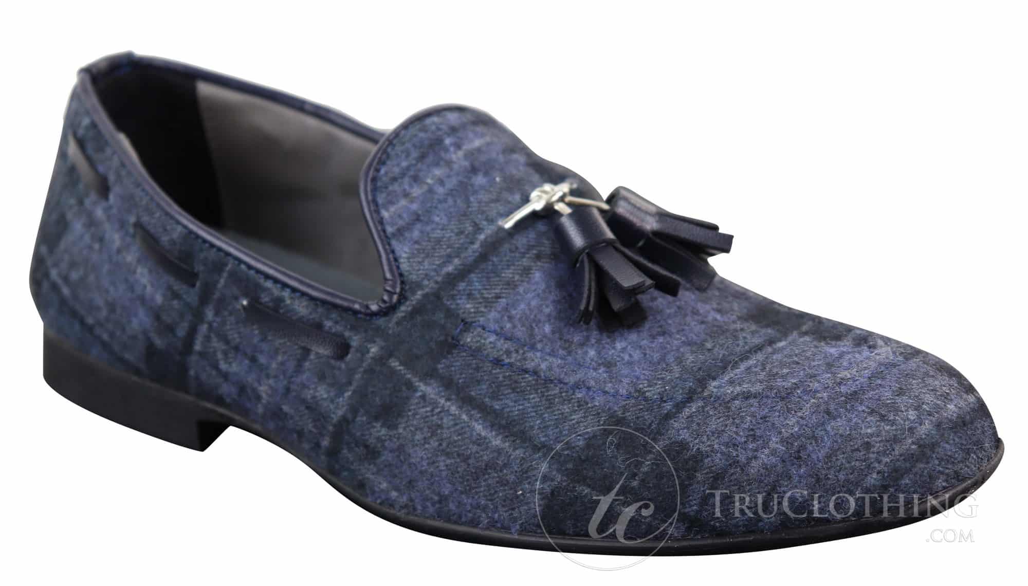 Sapatos masculinos de tweed xadrez com borlas