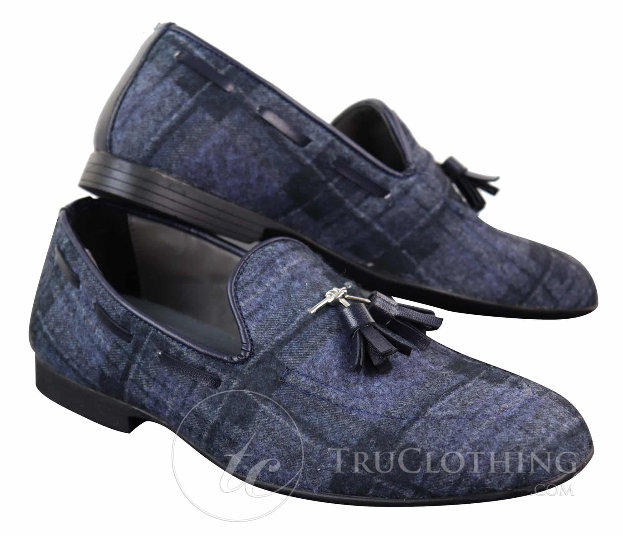 Sapatos masculinos de tweed xadrez com borlas