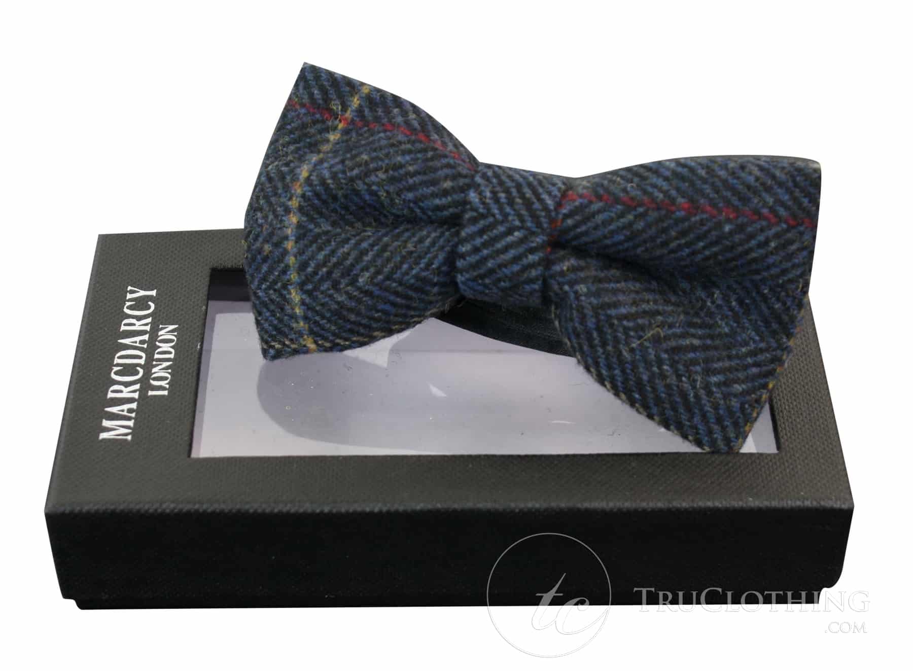 Gravata borboleta masculina Marc Darcy em tweed espinha de peixe texturizado, estilo vintage retrô Eton, azul marinho.