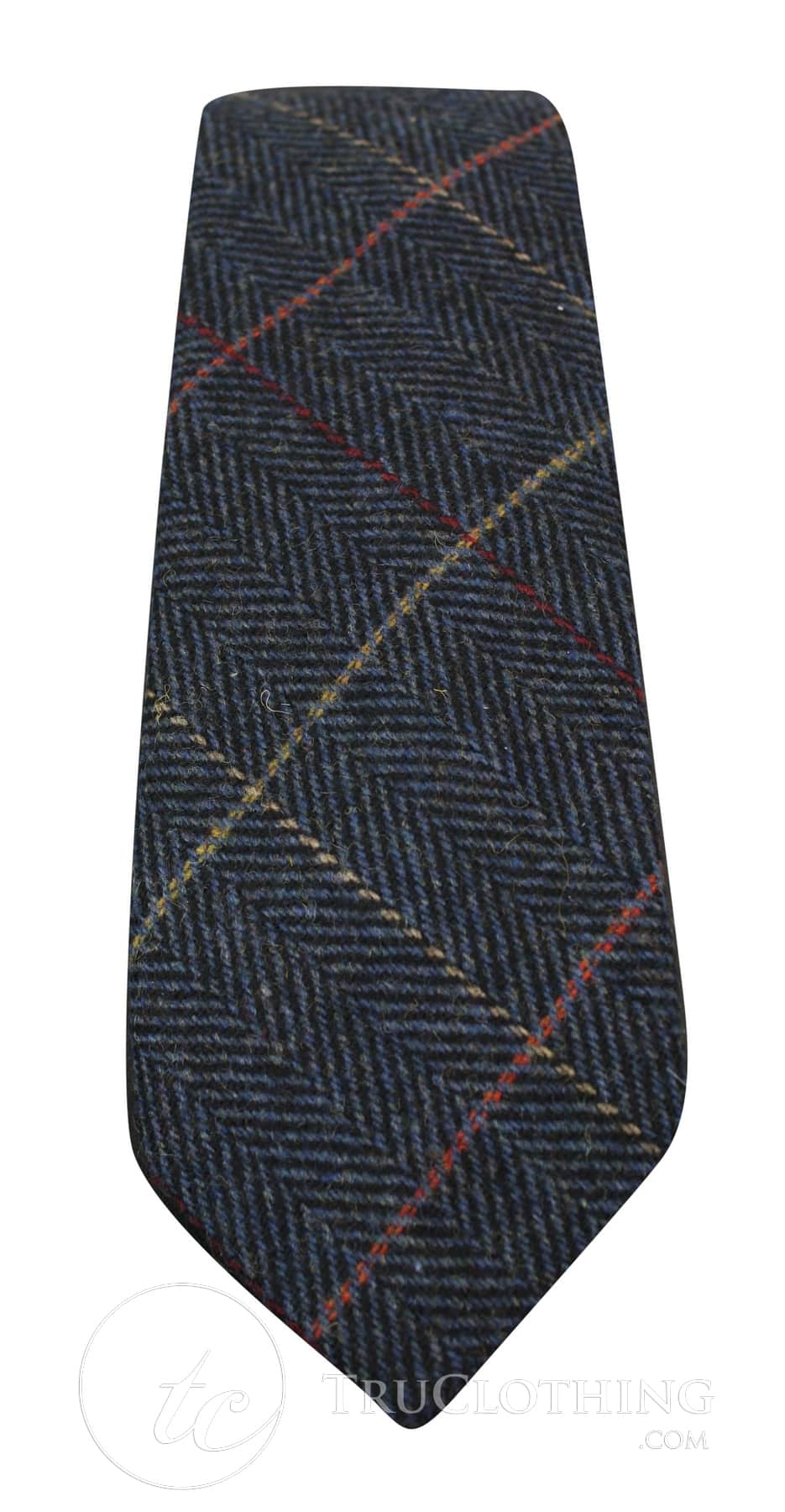 Gravata masculina Marc Darcy em tweed espinha de peixe texturizado, estilo clássico vintage retrô Eton, azul marinho.