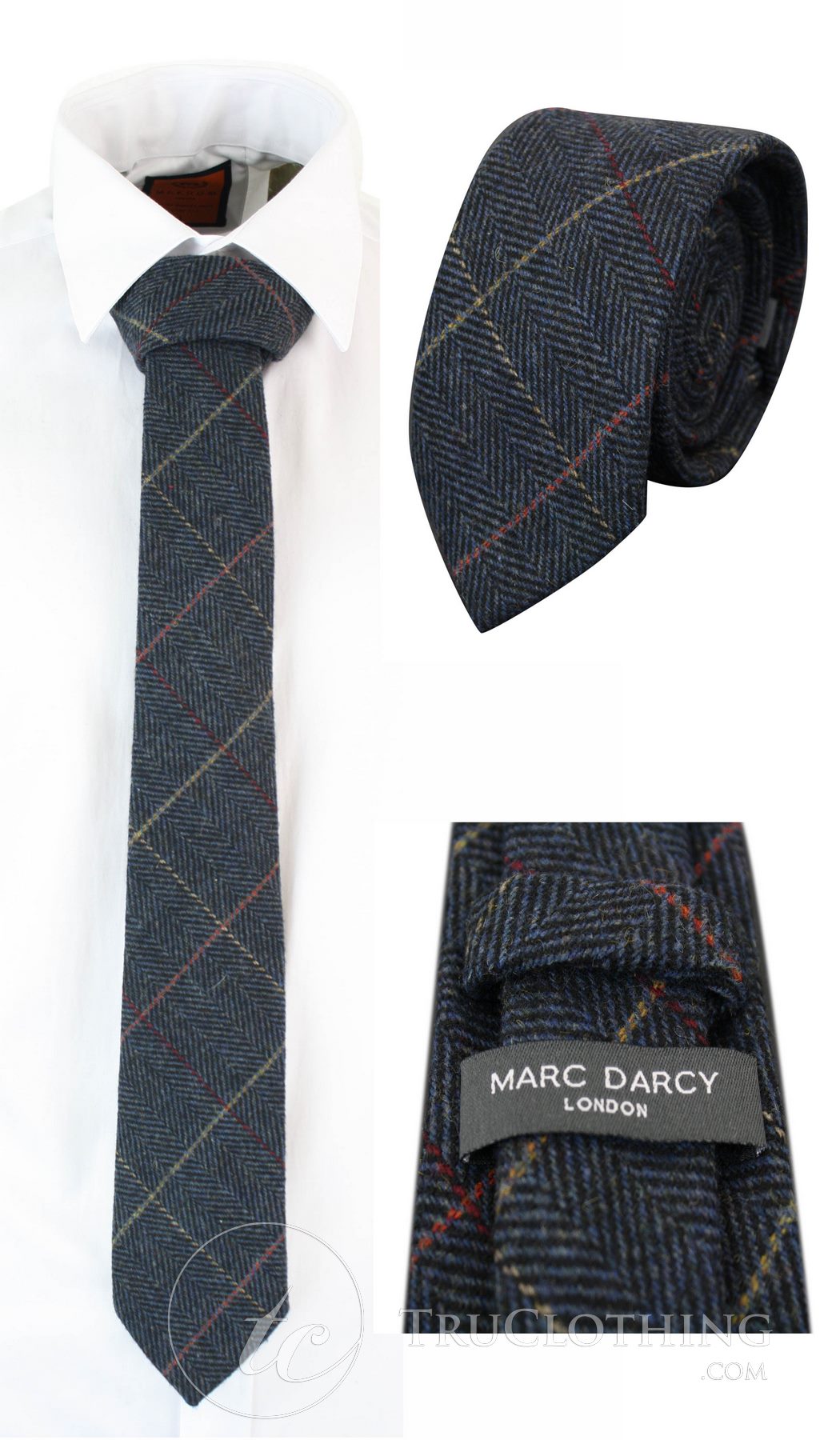 Gravata masculina Marc Darcy em tweed espinha de peixe texturizado, estilo clássico vintage retrô Eton, azul marinho.
