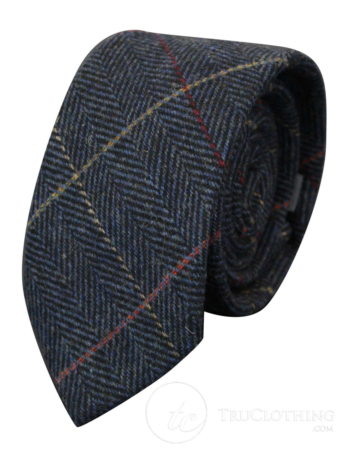 Gravata masculina Marc Darcy em tweed espinha de peixe texturizado, estilo clássico vintage retrô Eton, azul marinho.