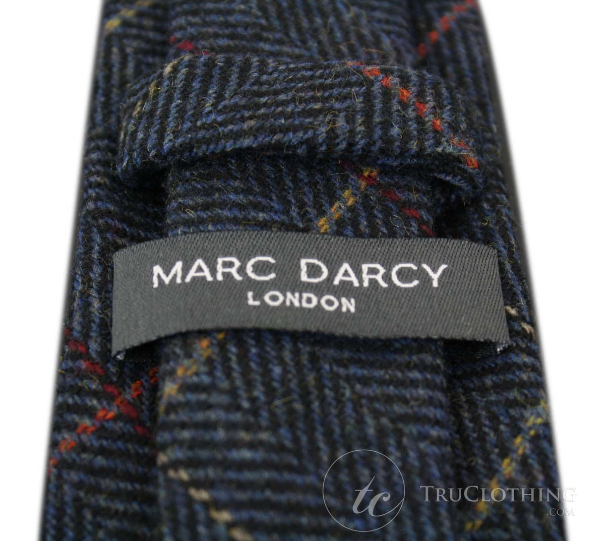 Gravata masculina Marc Darcy em tweed espinha de peixe texturizado, estilo clássico vintage retrô Eton, azul marinho.