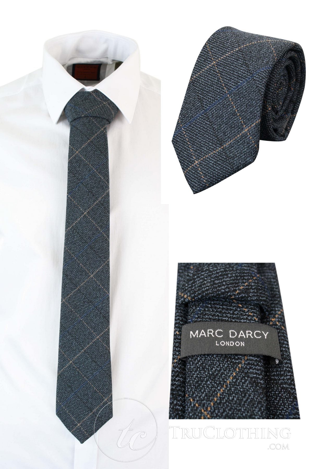 Gravata masculina Marc Darcy em tweed espinha de peixe texturizado, estilo clássico vintage retrô, cor azul Scott.