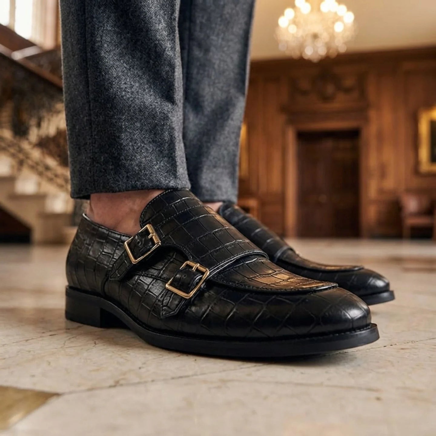 Mocassins masculinos de couro vegano com fivela dupla