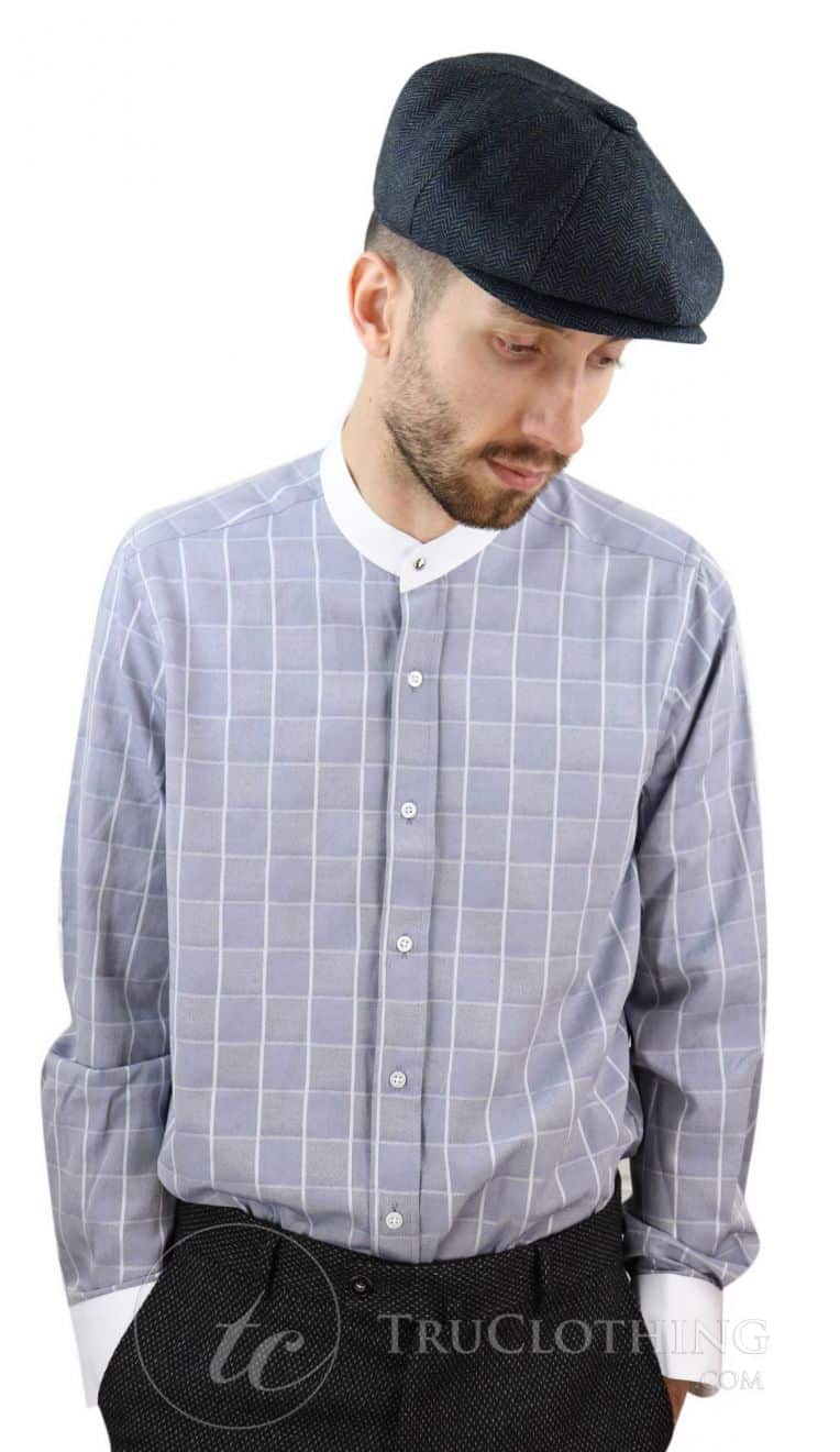 Camisa masculina vintage com estampa xadrez e gola removível.
