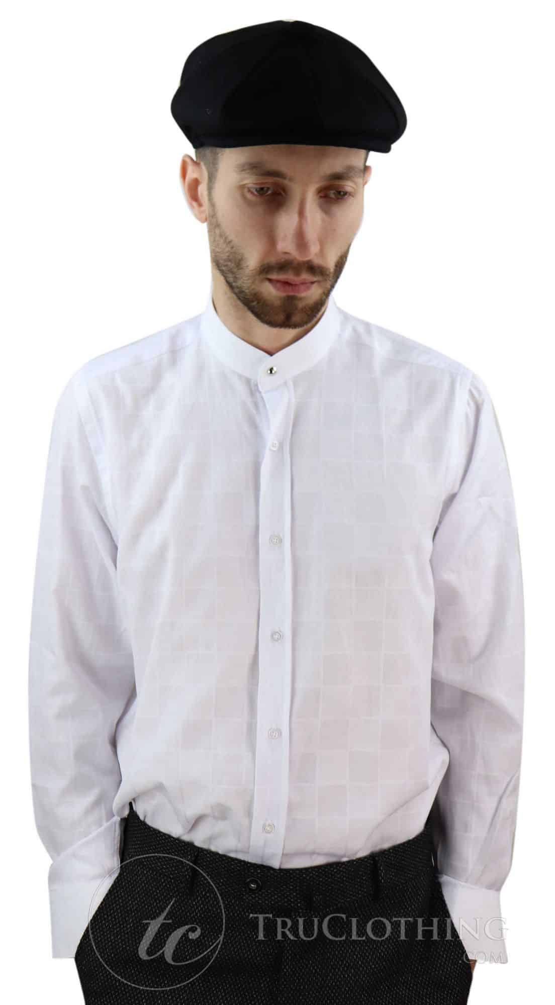 Camisa masculina vintage com estampa xadrez e gola removível.