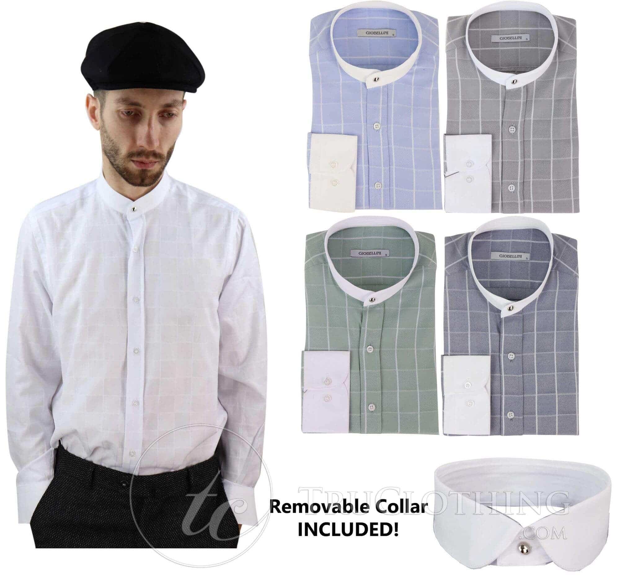 Camisa masculina vintage com estampa xadrez e gola removível.