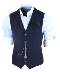 Colete masculino vintage azul-marinho com relógio de bolso