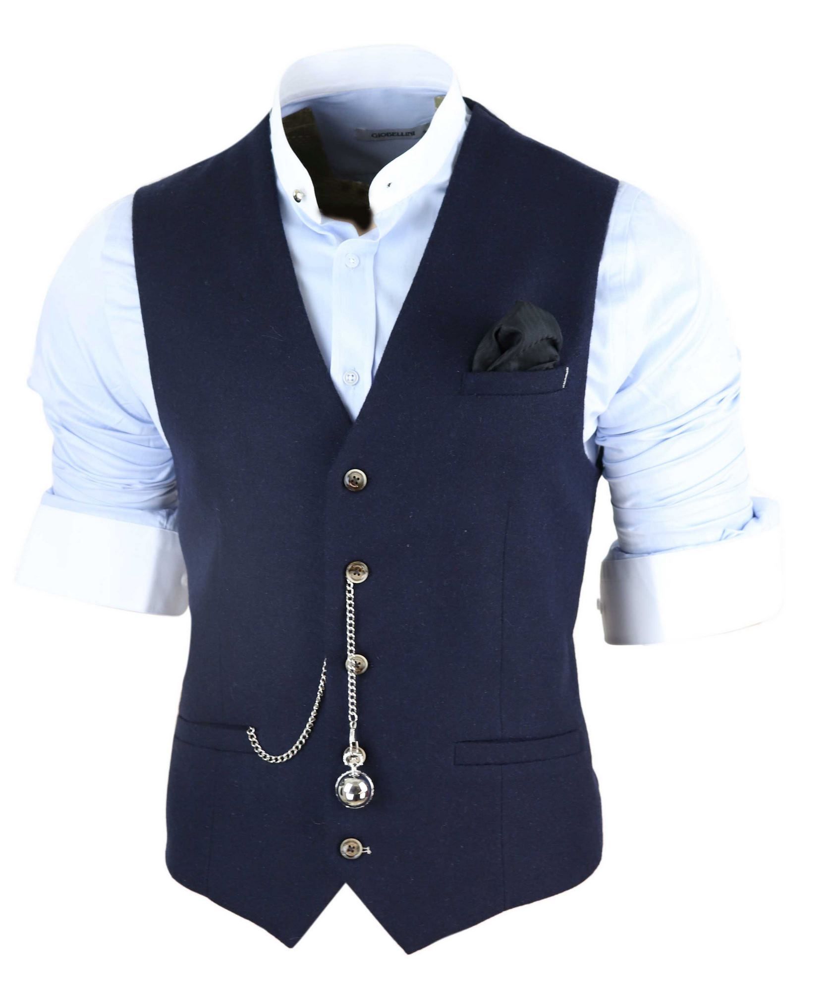Colete masculino vintage azul-marinho com relógio de bolso