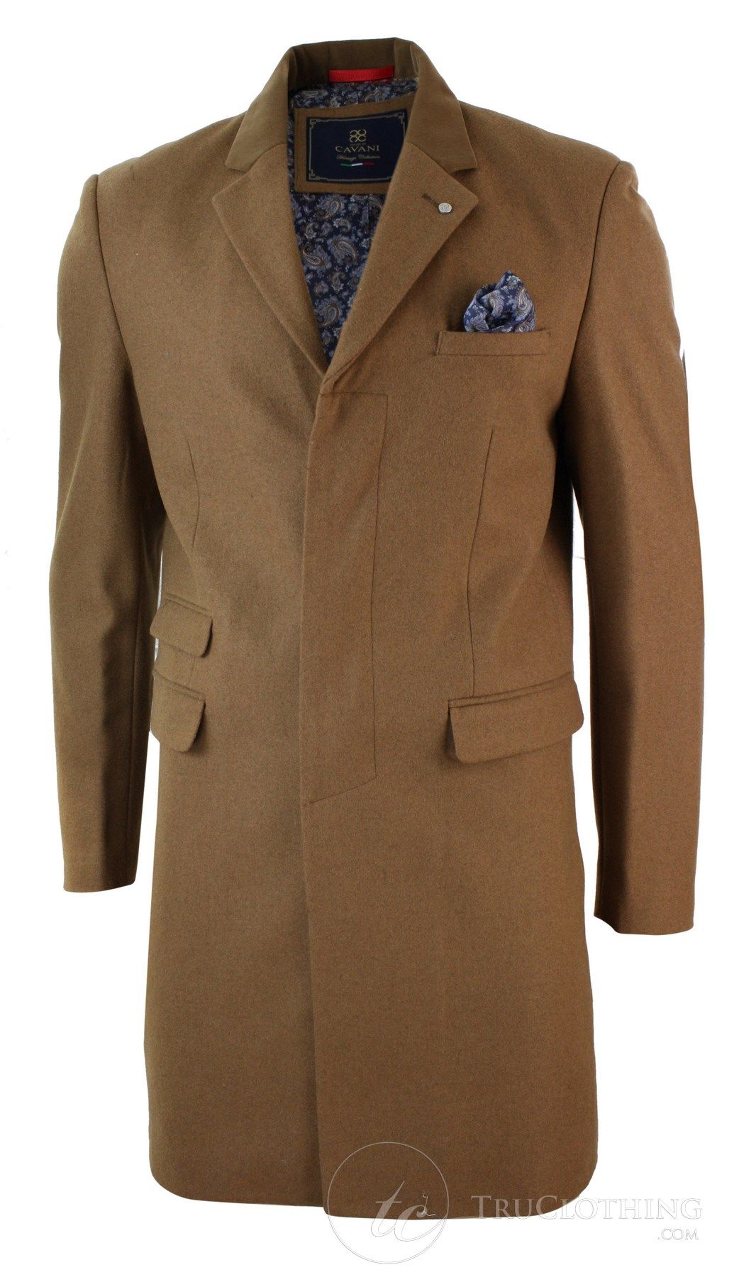 Casaco masculino de inverno, modelo trench coat 3/4, com estampa espinha de peixe, acabamento em veludo e botões - cor bege.