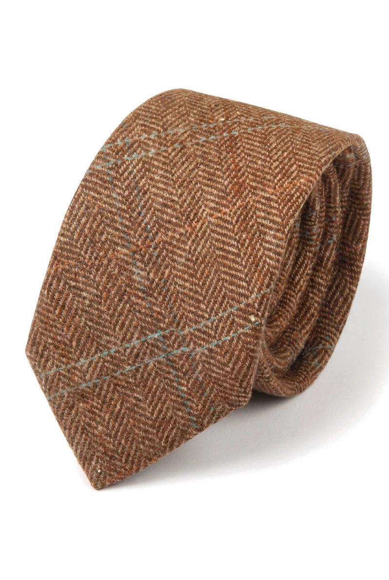 Gravata masculina de tweed xadrez espinha de peixe em mistura de lã - Carvalho
