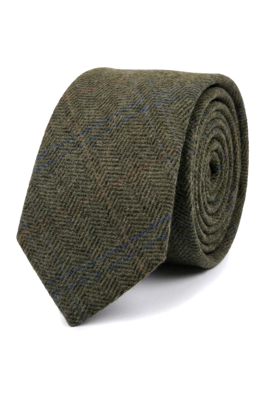 Gravata masculina de tweed xadrez espinha de peixe em mistura de lã - Verde Oliva