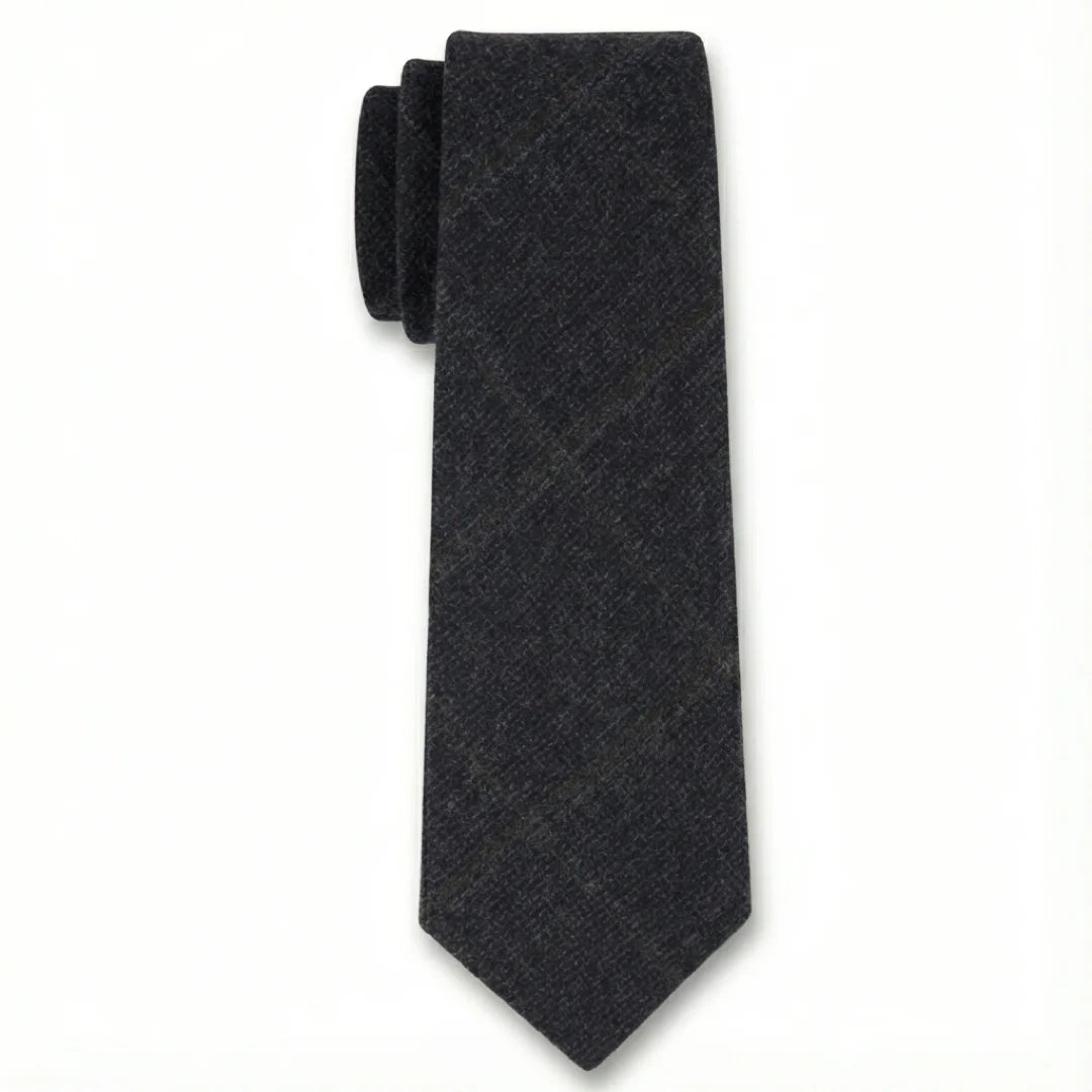Gravata masculina em tweed xadrez espinha de peixe em mistura de lã - Azul-marinho