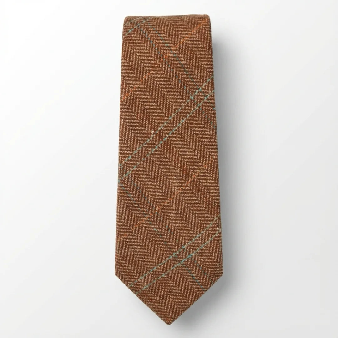 Gravata masculina de tweed xadrez espinha de peixe em mistura de lã - Carvalho