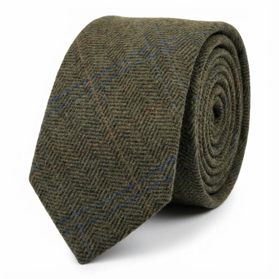 Gravata masculina de tweed xadrez espinha de peixe em mistura de lã - Verde Oliva