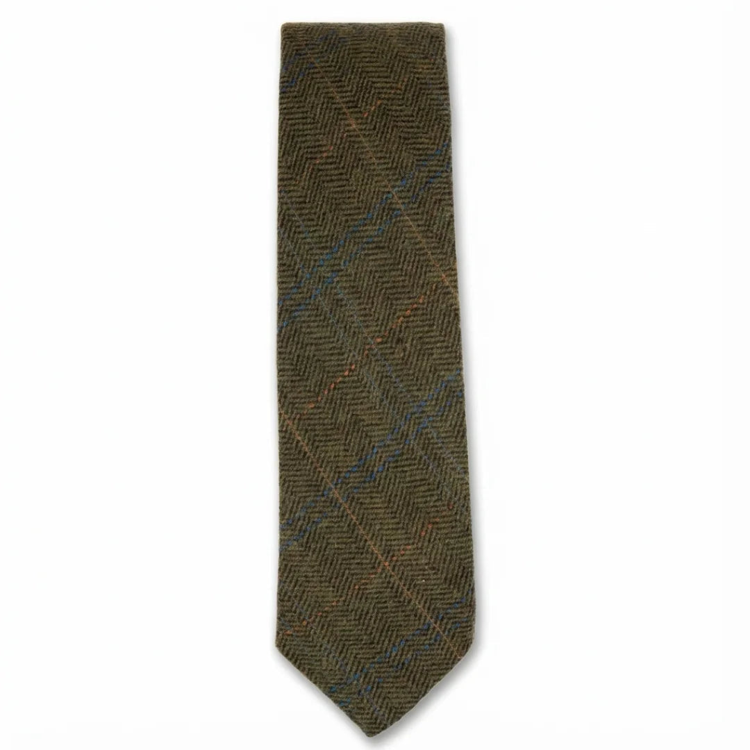 Gravata masculina de tweed xadrez espinha de peixe em mistura de lã - Verde Oliva