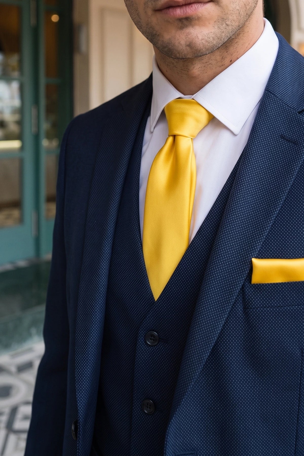 Conjunto masculino de gravata amarela com lenço de bolso e abotoaduras.
