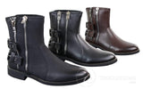 Botas masculinas de motociclista com zíper, estilo punk rock, com fivela no tornozelo e fechamento por tira.