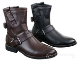 Botas masculinas de cano curto estilo punk rock gótico emo com zíper, em couro marrom e preto com fivela.