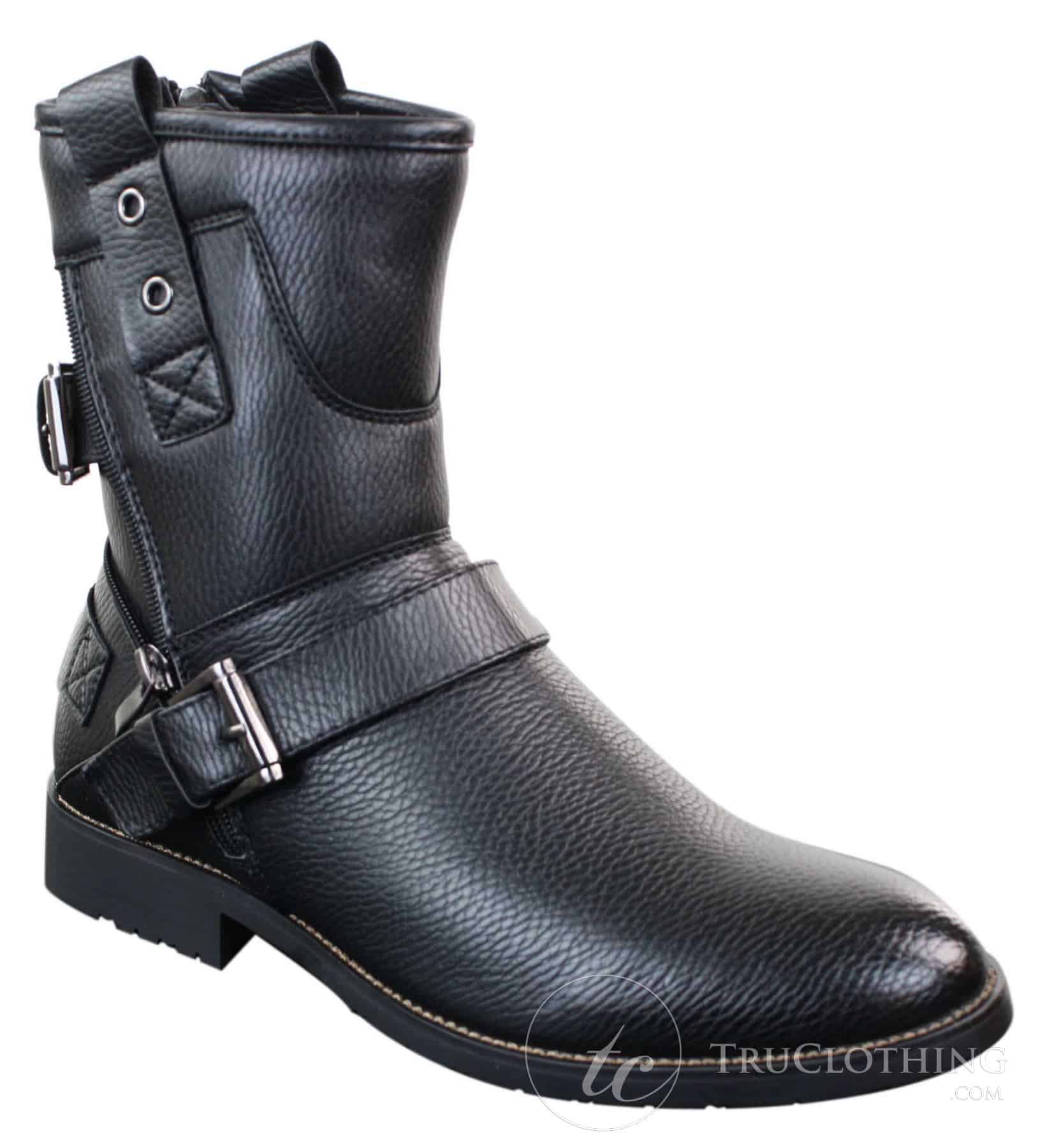 Botas masculinas de cano curto estilo punk rock gótico emo com zíper, em couro marrom e preto com fivela.