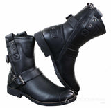 Botas masculinas de cano curto estilo punk rock gótico emo com zíper, em couro marrom e preto com fivela.