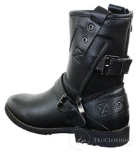 Botas masculinas de cano curto estilo punk rock gótico emo com zíper, em couro marrom e preto com fivela.