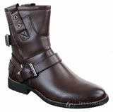 Botas masculinas de cano curto estilo punk rock gótico emo com zíper, em couro marrom e preto com fivela.