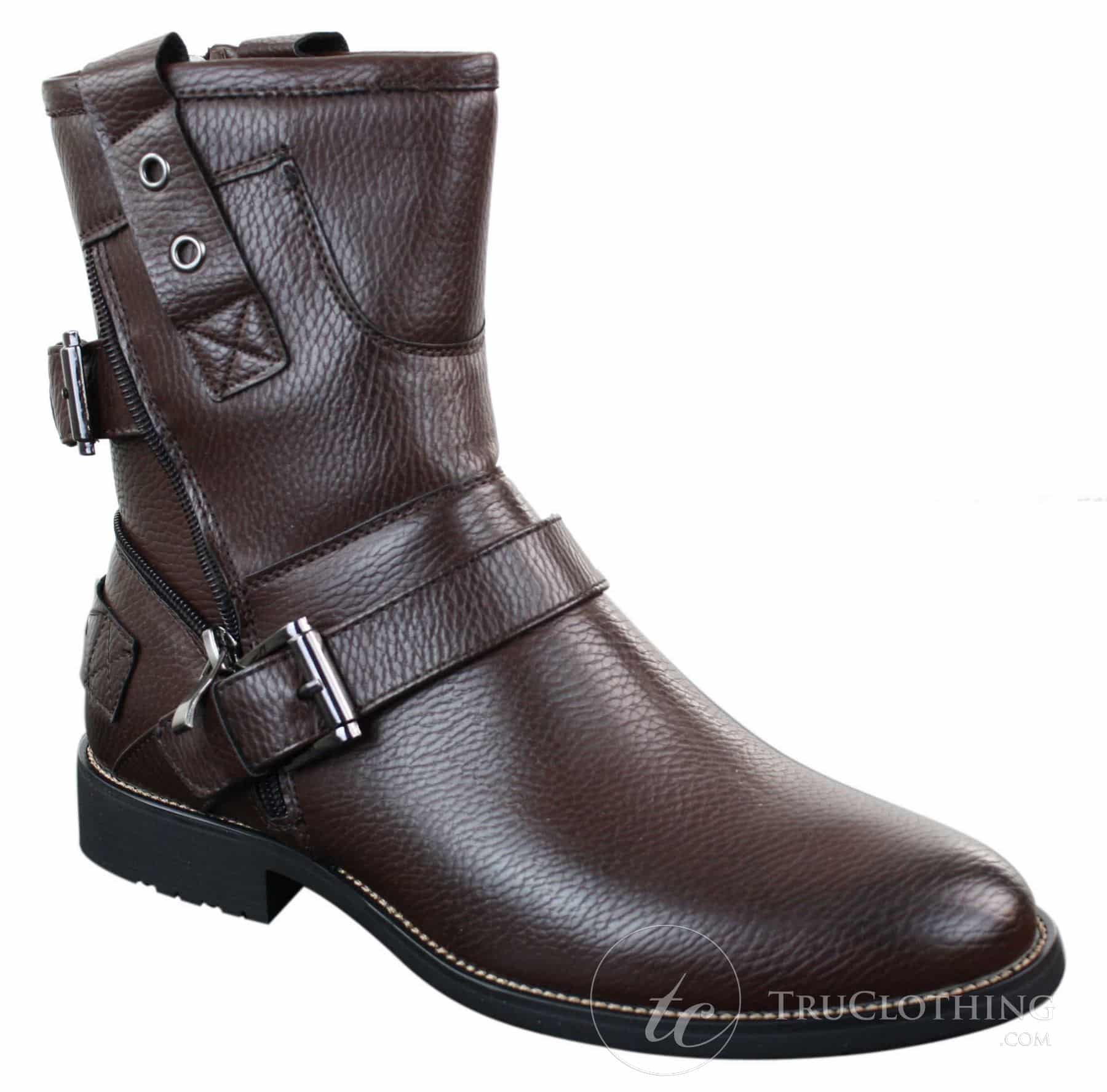 Botas masculinas de cano curto estilo punk rock gótico emo com zíper, em couro marrom e preto com fivela.