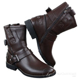 Botas masculinas de cano curto estilo punk rock gótico emo com zíper, em couro marrom e preto com fivela.