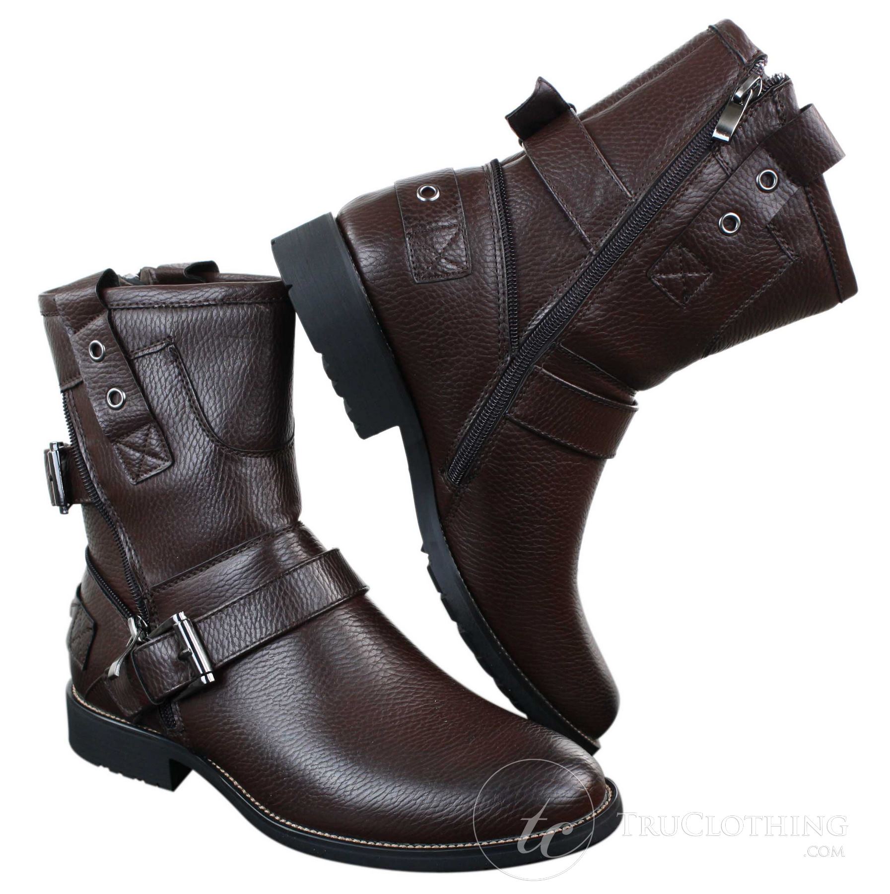 Botas masculinas de cano curto estilo punk rock gótico emo com zíper, em couro marrom e preto com fivela.