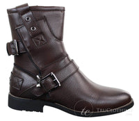 Botas masculinas de cano curto estilo punk rock gótico emo com zíper, em couro marrom e preto com fivela.
