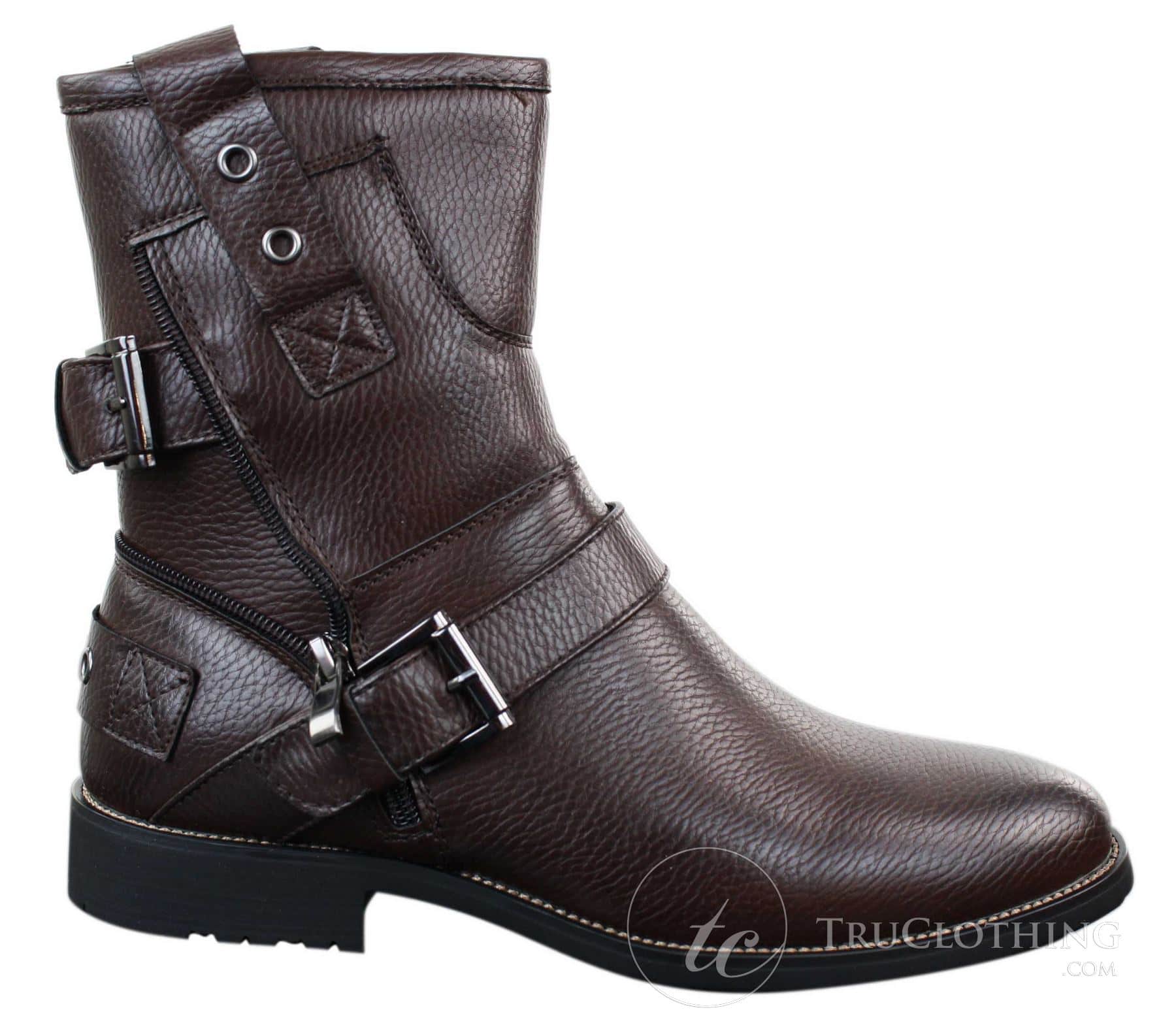Botas masculinas de cano curto estilo punk rock gótico emo com zíper, em couro marrom e preto com fivela.