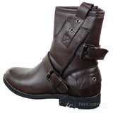 Botas masculinas de cano curto estilo punk rock gótico emo com zíper, em couro marrom e preto com fivela.
