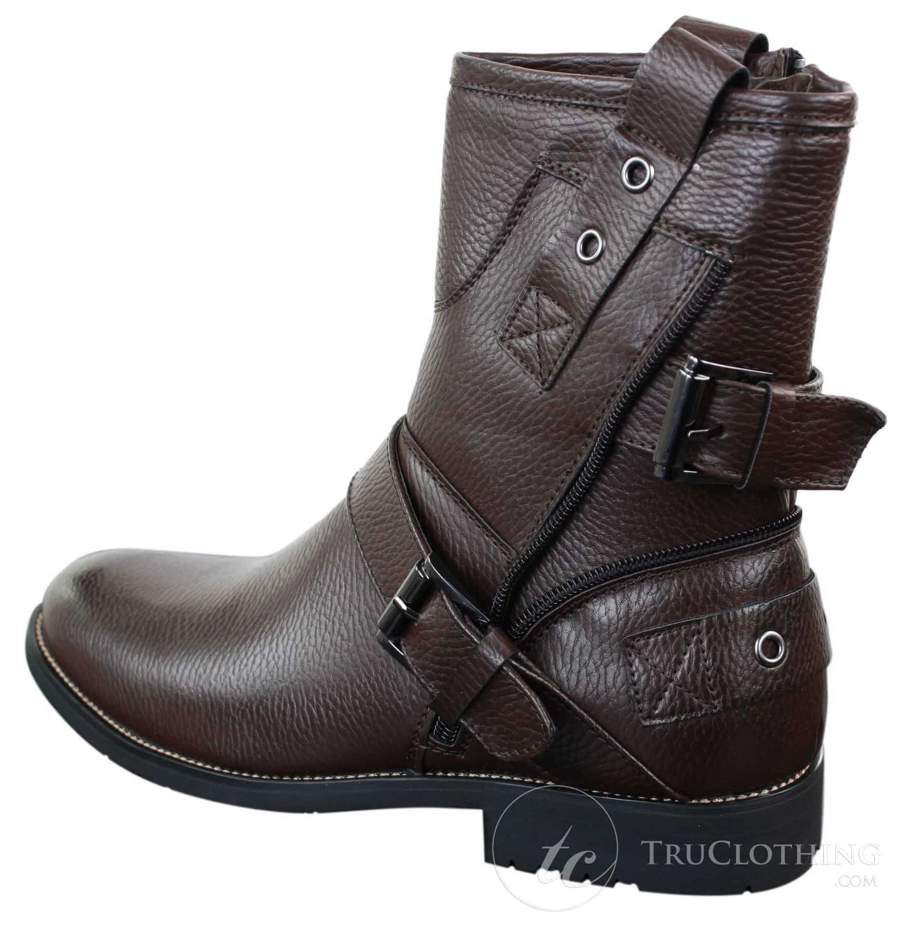 Botas masculinas de cano curto estilo punk rock gótico emo com zíper, em couro marrom e preto com fivela.