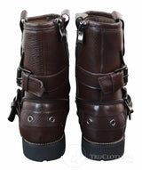 Botas masculinas de cano curto estilo punk rock gótico emo com zíper, em couro marrom e preto com fivela.