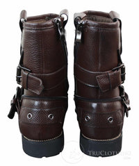 Botas masculinas de cano curto estilo punk rock gótico emo com zíper, em couro marrom e preto com fivela.