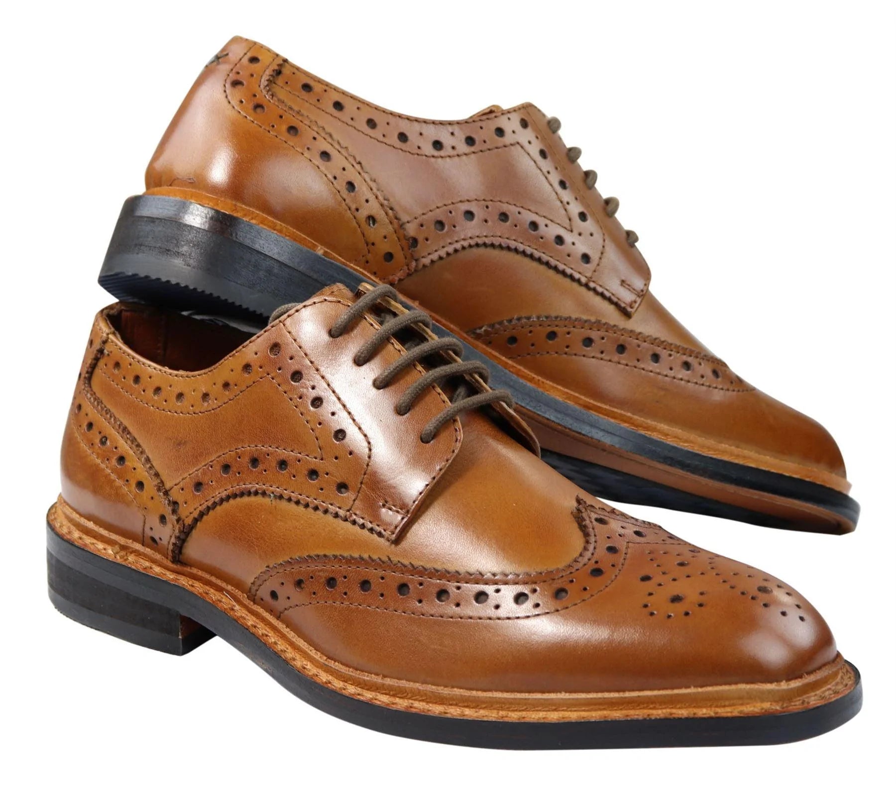Sapatos Oxford Brogue Masculinos em Couro com Cadarço, Costura Goodyear, Tons de Bege, Marrom e Bordô