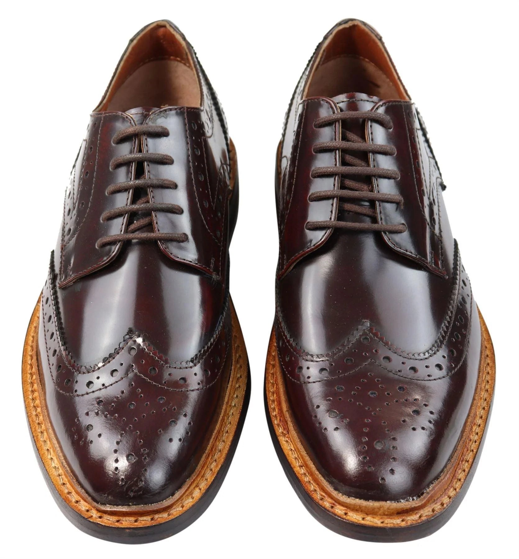 Sapatos Oxford Brogue Masculinos em Couro com Cadarço, Costura Goodyear Welt, Tons de Bege, Marrom e Bordô